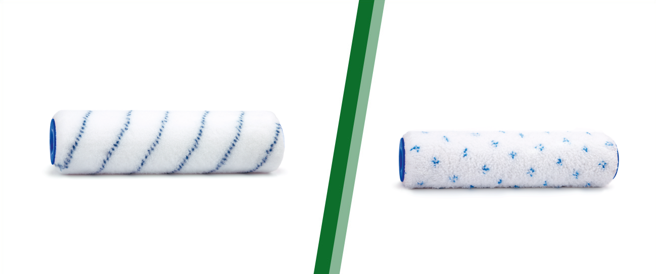 Dwa wałki malarskie oddzielone zieloną linią na białym tle.